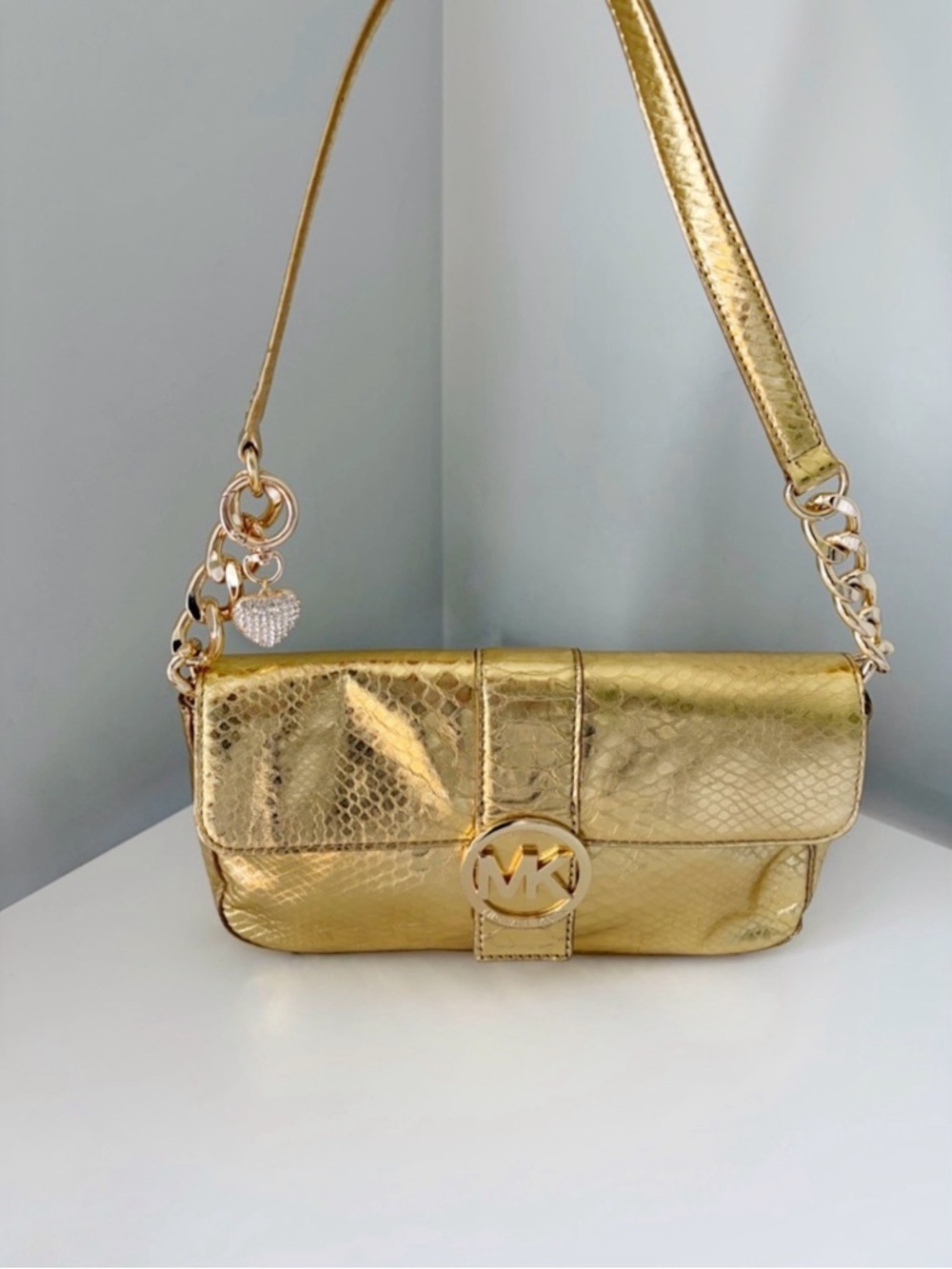 Michael Kors Metallic Gold Snake-Embossed Shoulder Bag with Charm